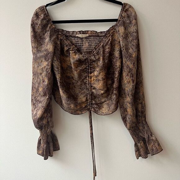 Illa Illa Womens Cropped Top Ruched Tie Front  Smocked Back Long Sleeve Printed - Picture 1 of 7